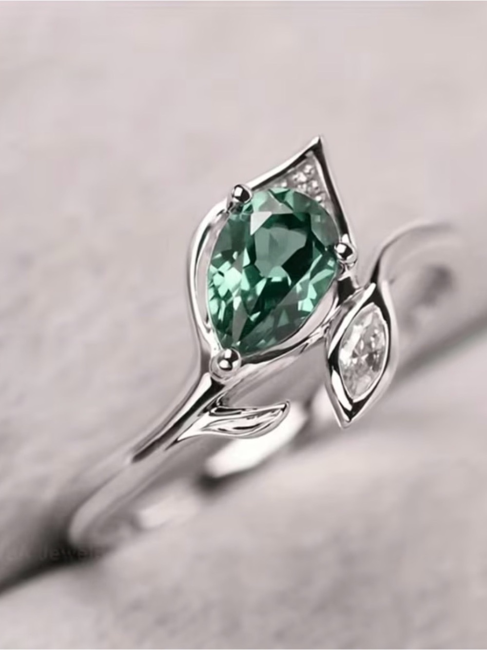 Silver Ring with Green Teardrop Stone and Clear Accent - Picture 4 of 4